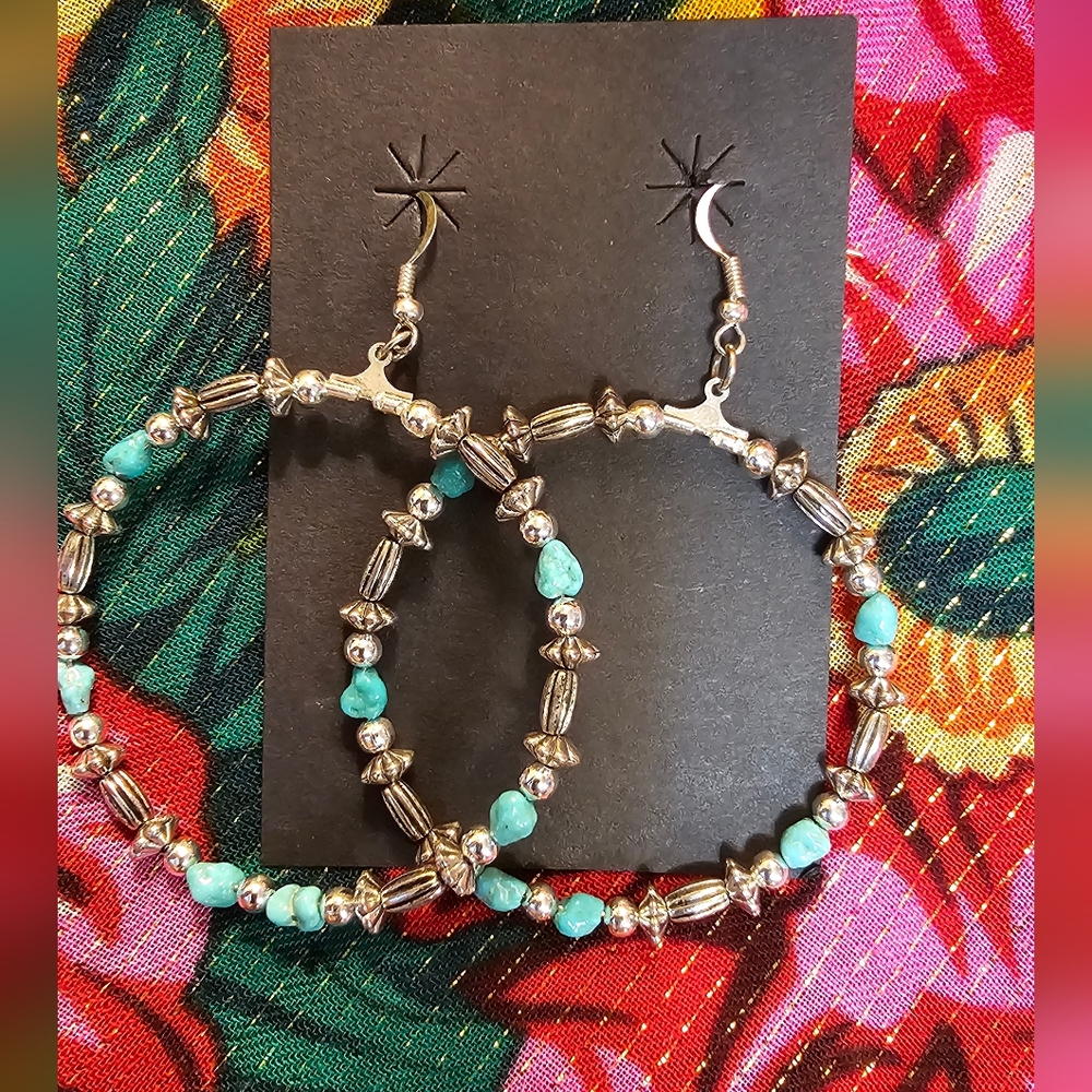 Turquoise Coral Native American Hoop Dangling Earrings